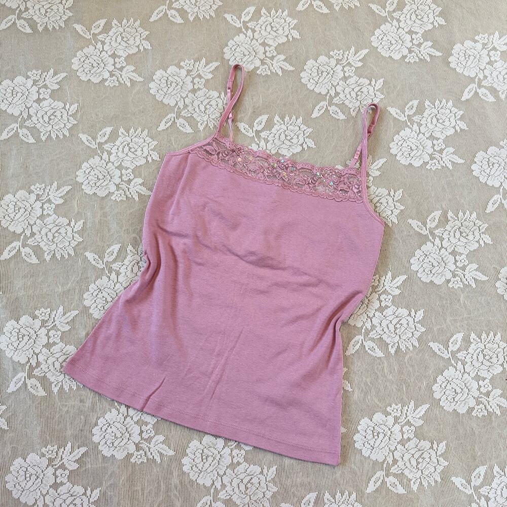 Y2K Eyeshadow Pink Lace Sequin Cami Top Size L